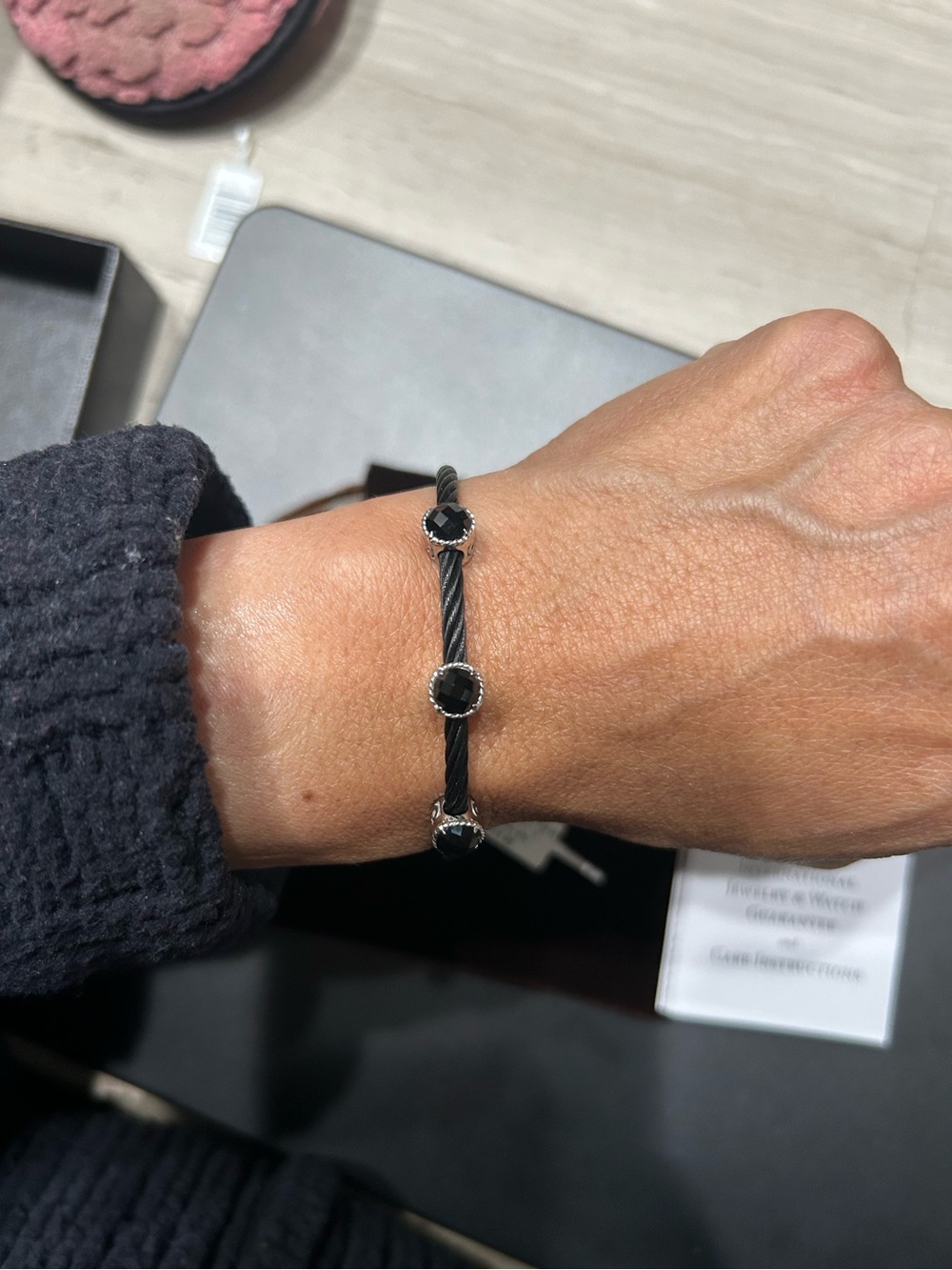 Alor Black Cable Stainless Steel Bracelet with 3 Onyx Stones Surrounded by 18k